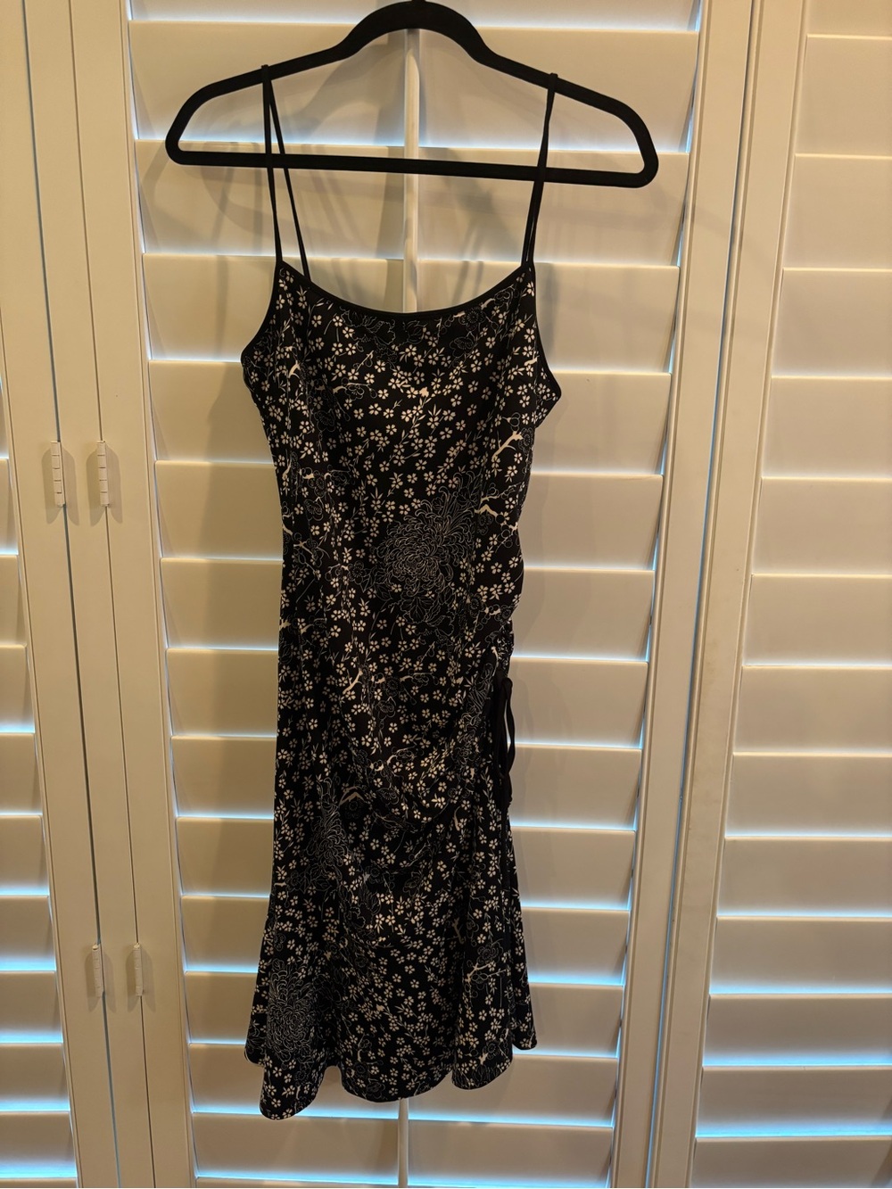 BCBG Black Floral Slip Dress with Spaghetti Straps and side gathering
